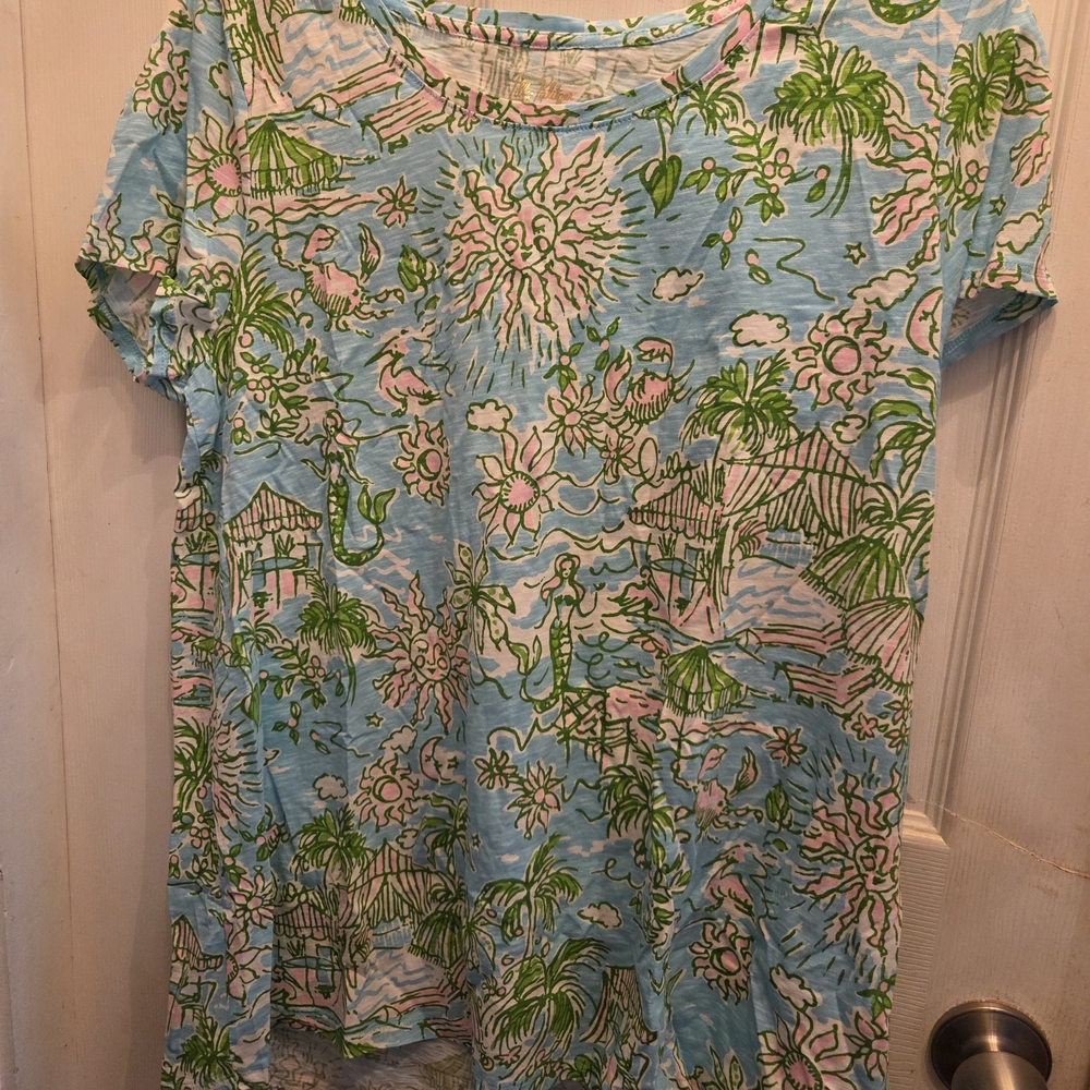 Lilly Pulitzer Etta Scoop Neck Tee Freshwater Blue Sunbathers Bliss XL